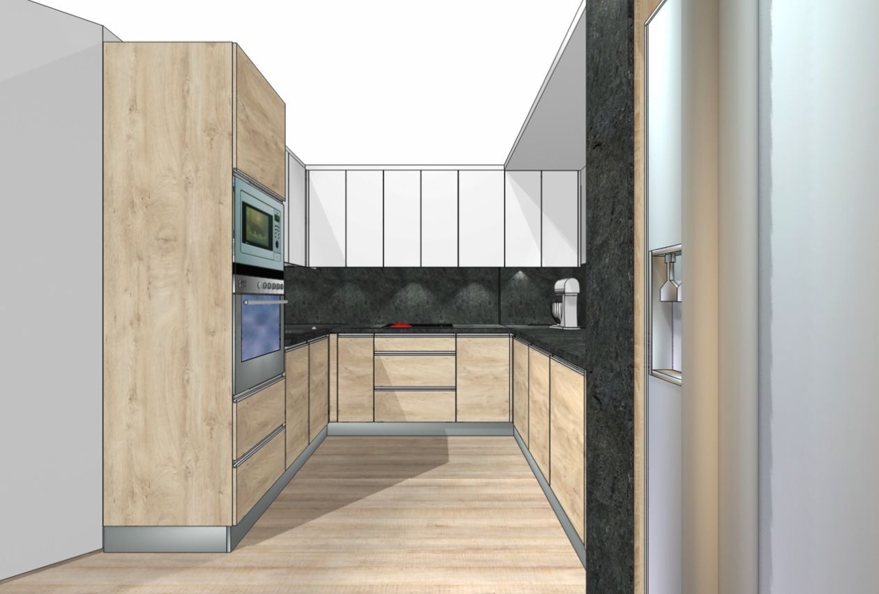 Grafický návrh kuchyně na míru v panelovém domě v provedení bílá matná a tmavý beton