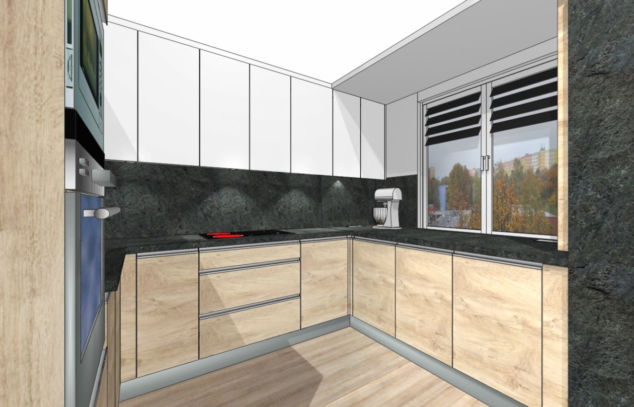 Grafický návrh kuchyně na míru v panelovém domě v provedení bílá matná a tmavý beton